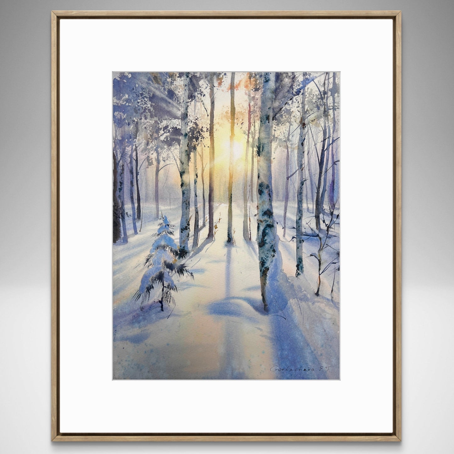 Original Winter Birch Forest Watercolor, Snowy Landscape Wall Art, Birch grove in winter glow 9x12