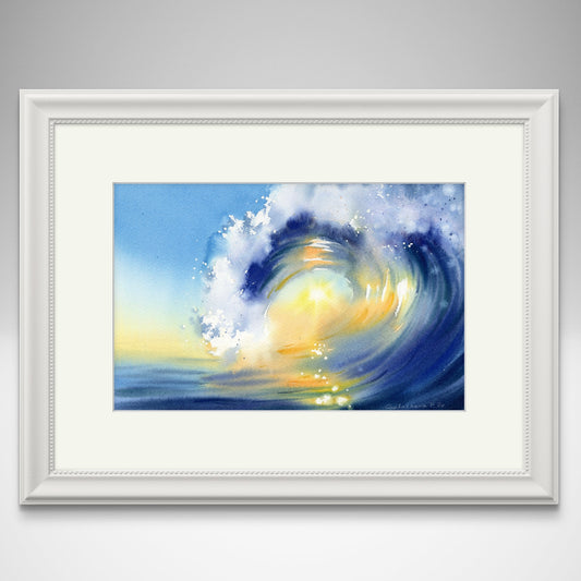 Solar whirlpool - Ocean Watercolor Painting Original, Blue Wave Art for Beach House Decor