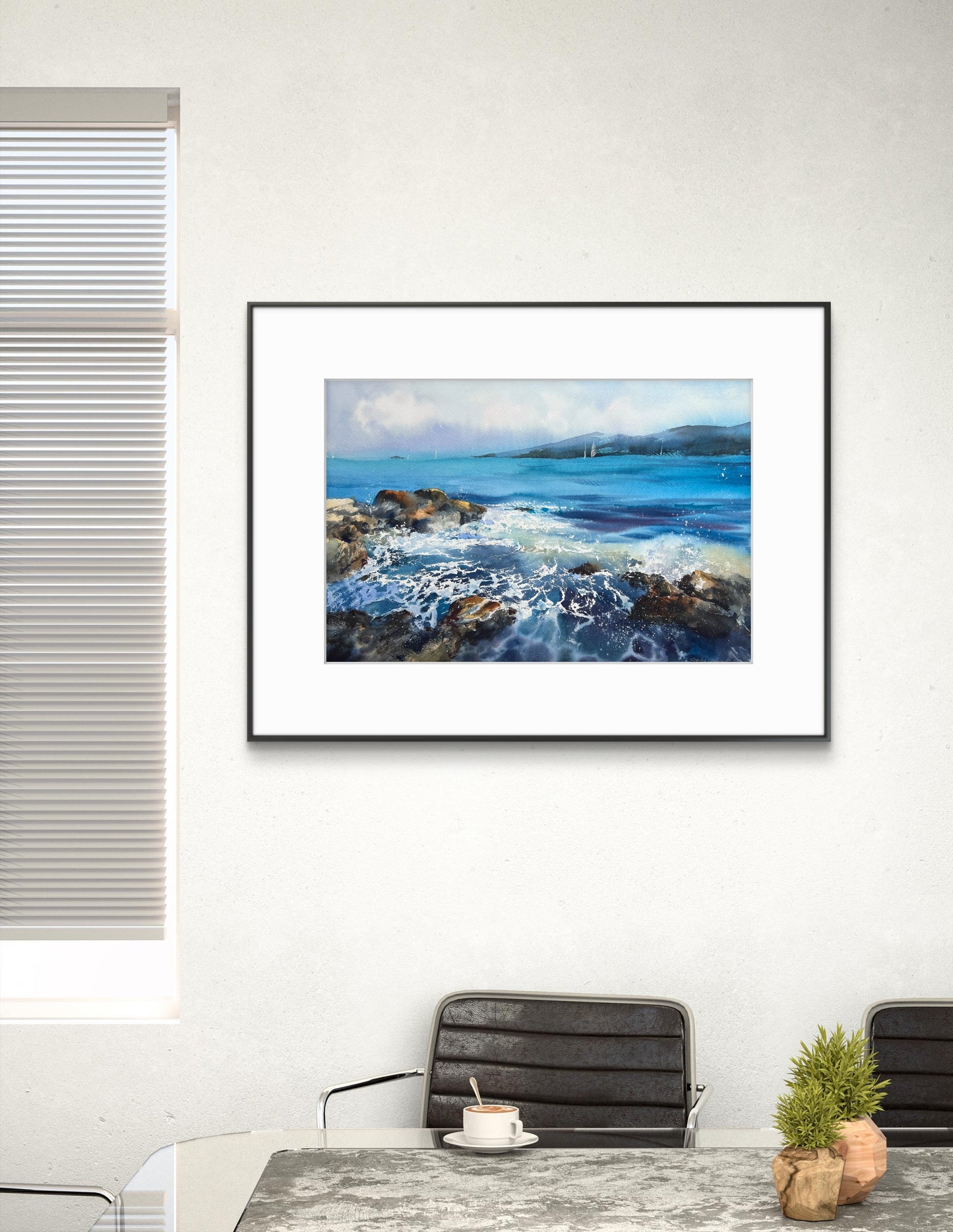 Coastal Painting Original, Watercolour Seascape Artwork - "Sea and Stones #2" - 15x22 in