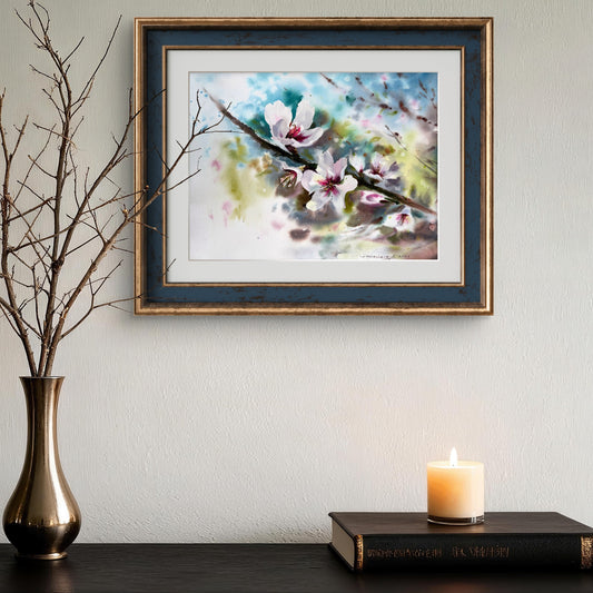 Blooming Flower Painting, Original Watercolor Artwork, Almond Tree, Botanical Wall Decor, Flora Art, Gift for Mom