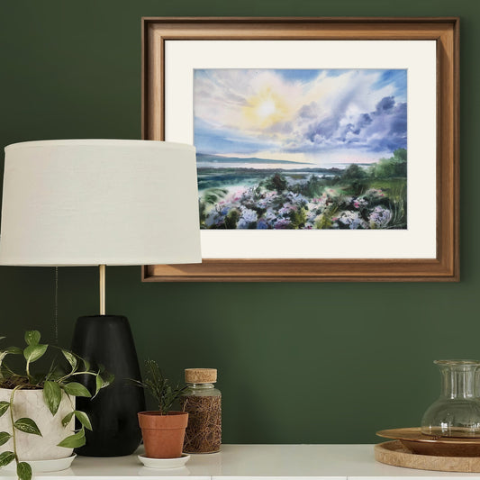 Wildflowers Field Painting Watercolor Original, Farmhouse Wall Decor, Landscape With River & Clouds, Sunset on the Samara River 12x16