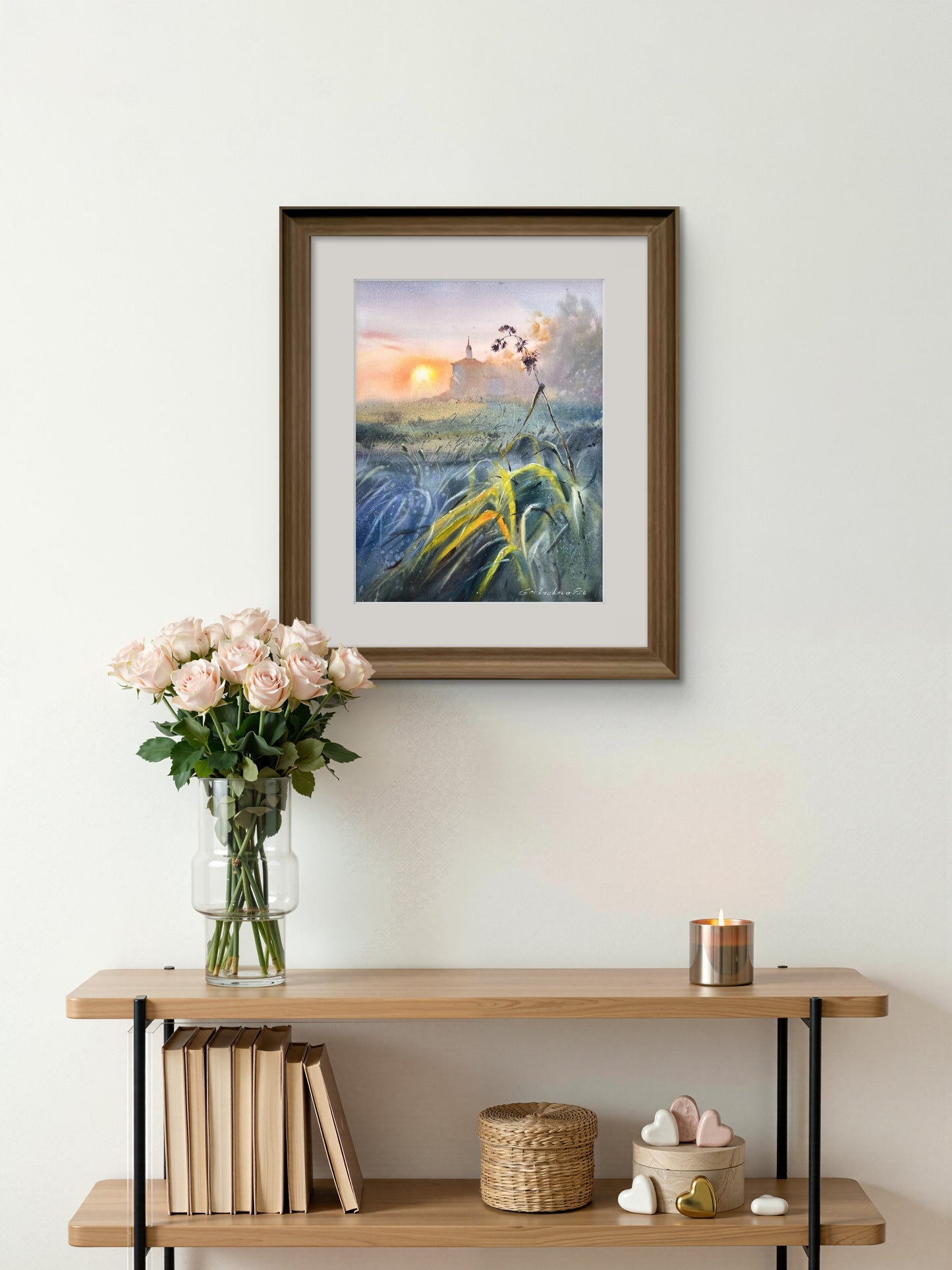 Moody Countryside Watercolor Painting, Sunset Landscape Art, The Evening Meadow 12x16