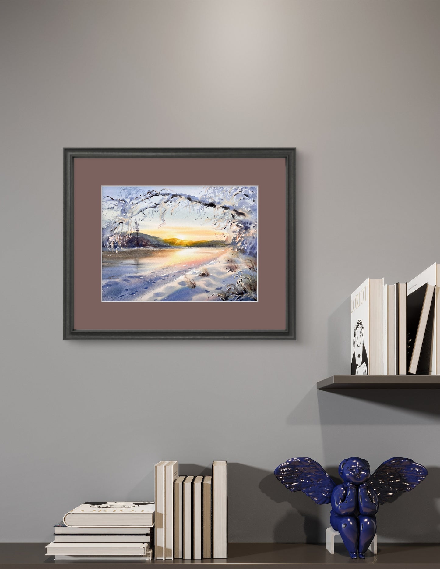 Winter Sunrise Watercolor Painting, Original Snowy Landscape Art, Golden Winter Hush 9X12