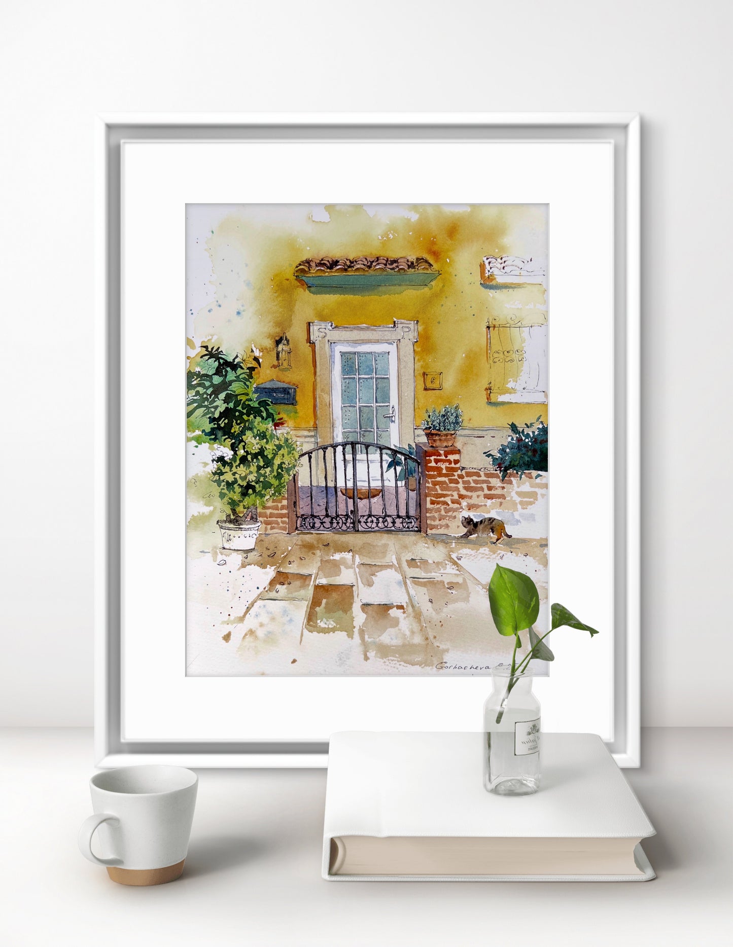 Original Small Watercolor Painting - Spanish Courtyard with Cat - House Gate Art