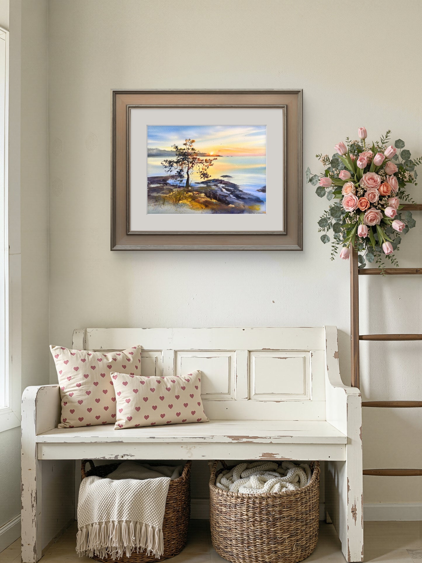 Ladoga Watercolor Painting, Lake Sunset Art, Golden Ladoga 12x16
