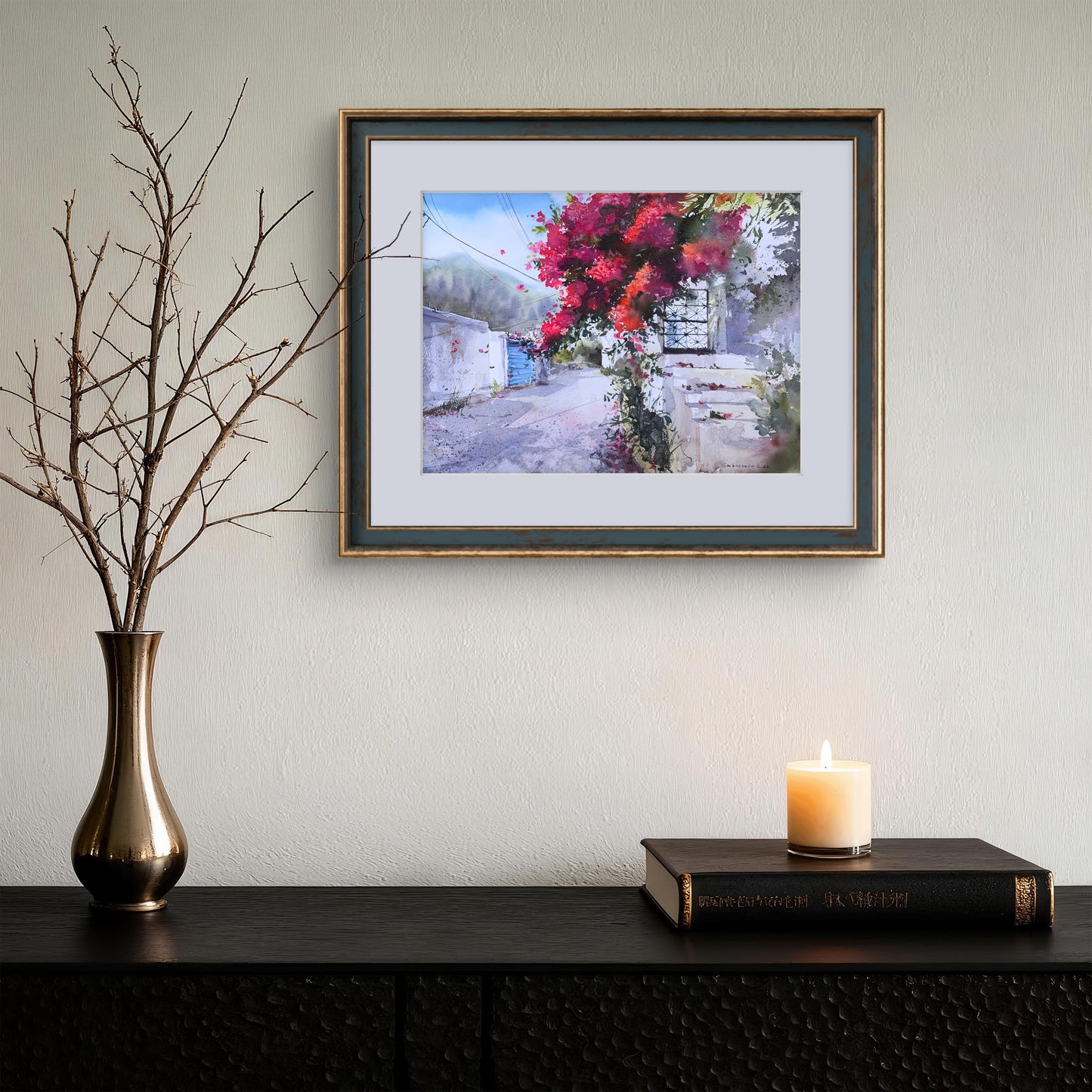 Greek Painting Watercolor, Original Artwork, Greece, Blue White Cityscape, Bougainvillea Wall Art, ENGLISH VILLAGE CYPRUS #6 12x16