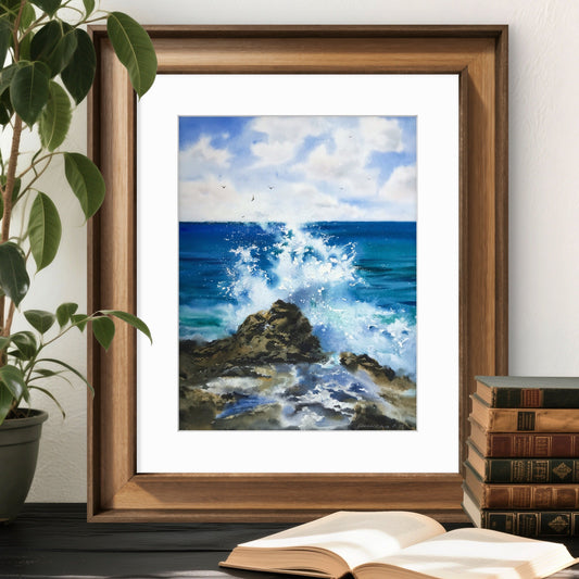 Watercolor original painting "Waves and rocks #11", 12x16