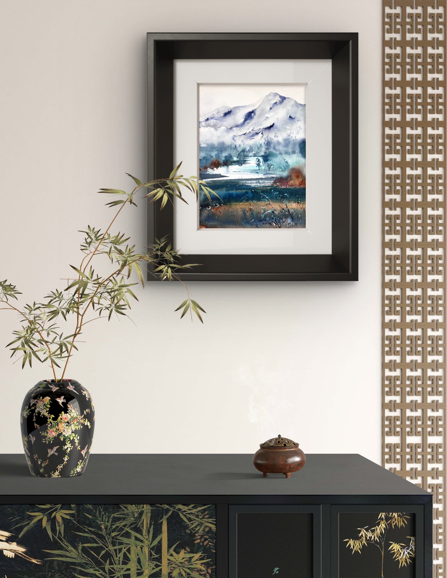 Mountain Valley Village Watercolor Painting, Mountain river #13 9x12