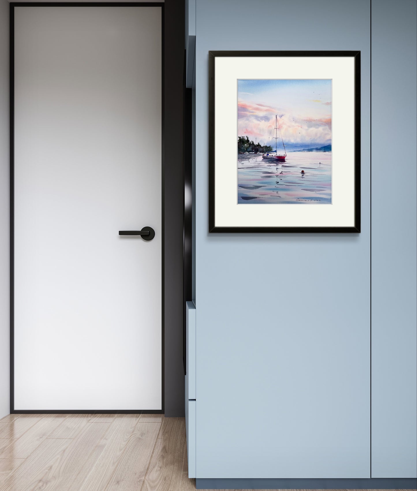 Yacht and Pink Dawn #3 Watercolor Painting - Nautical Wall Decor