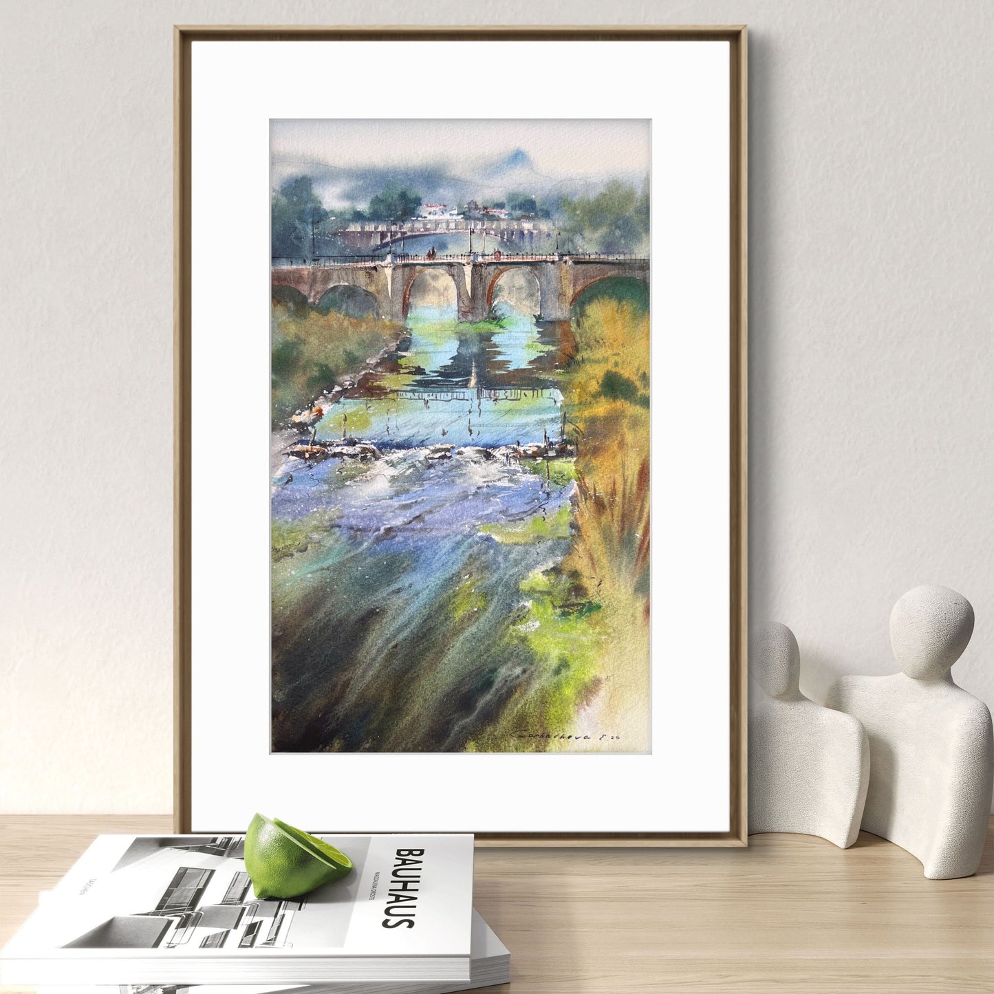 Spain Watercolor Landscape Bridge River Painting Original Art, Bridge of Quiet Waters Spain 9x15