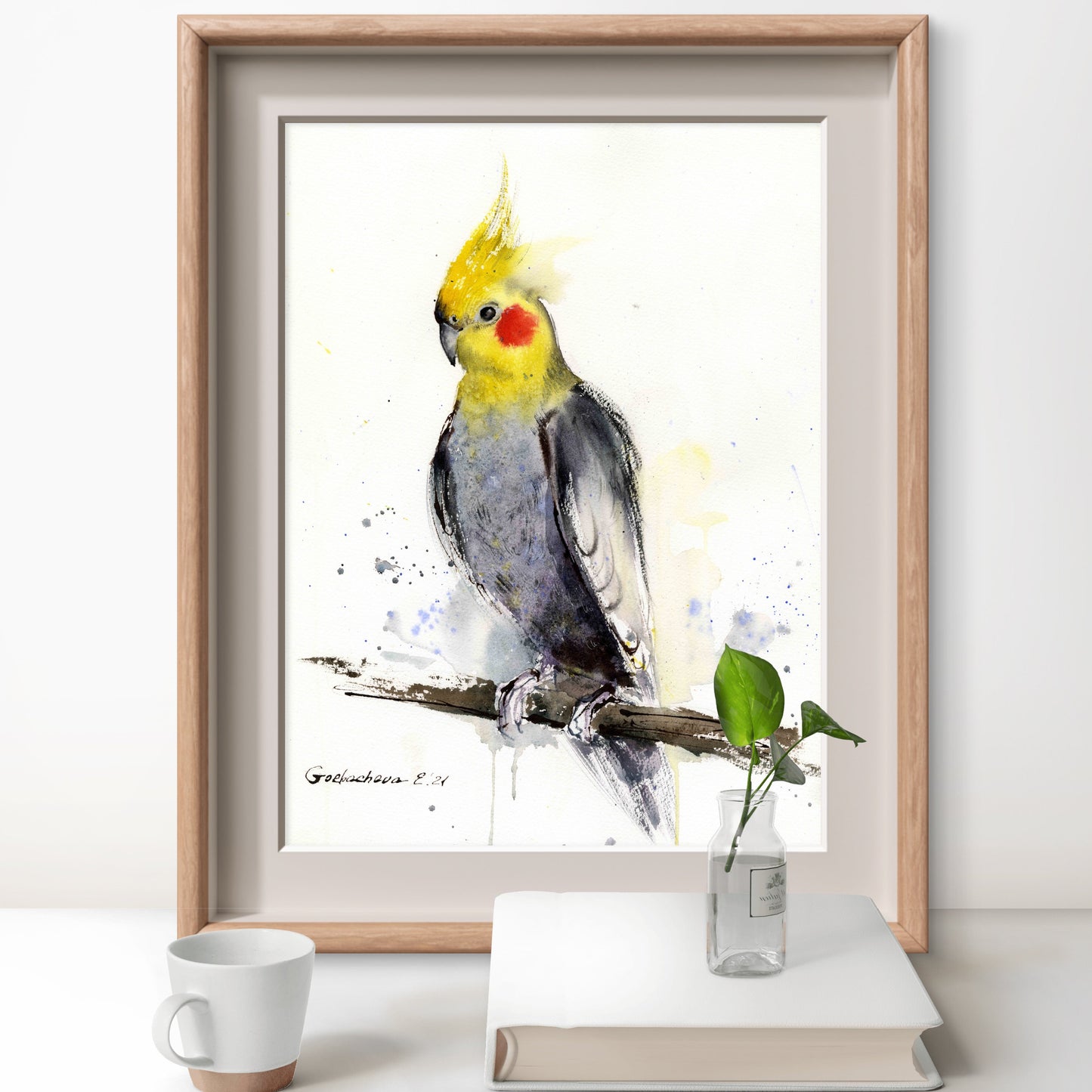 Parrot Watercolor Original Painting, Tropical Bird Art, Cockatiel Lover Gift Artwork,  Parrot on a branch  12x16