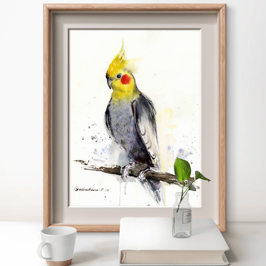 Parrot Watercolor Original Painting, Tropical Bird Art, Cockatiel Lover Gift Artwork,  Parrot on a branch  12x16