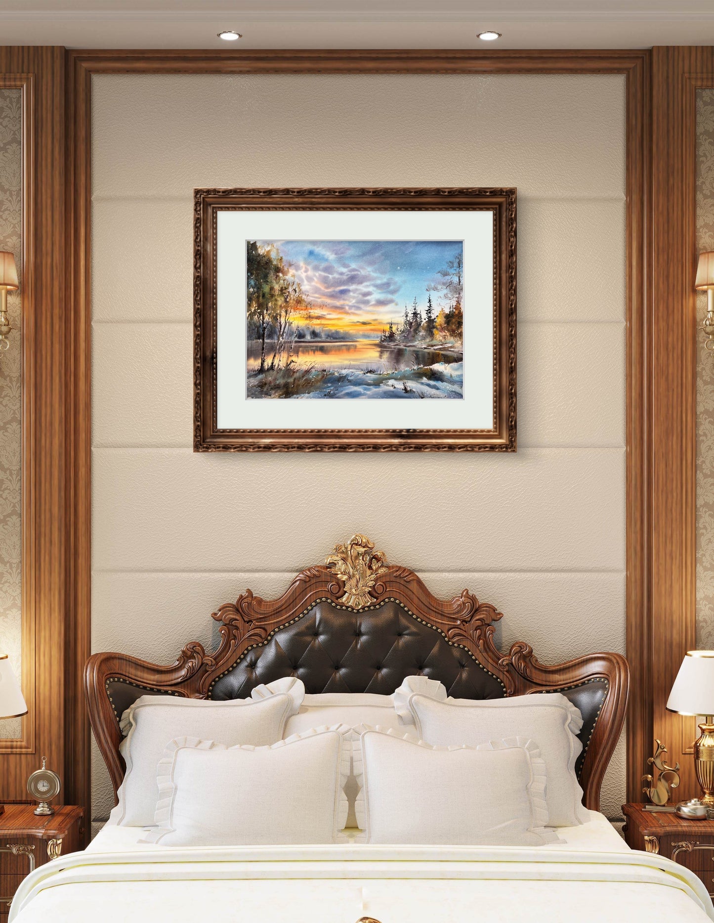 Winter Sunset Watercolor Painting, Snowy Lake Landscape Art, Sunset on the Ice