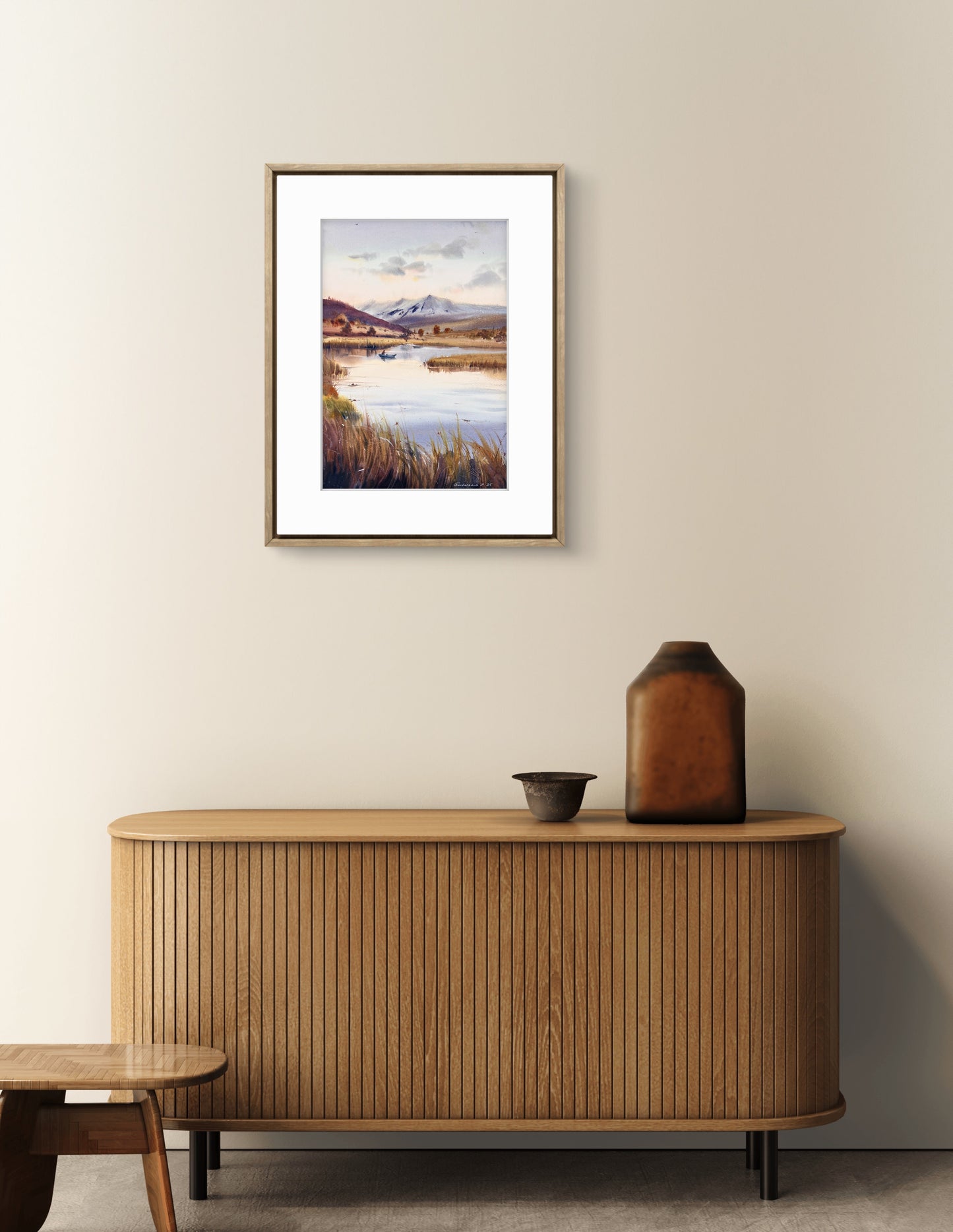 Original Watercolor Marsh Landscape Painting,River Scene with Boat and Mountains,Reflections in a quiet lake 11x16 in