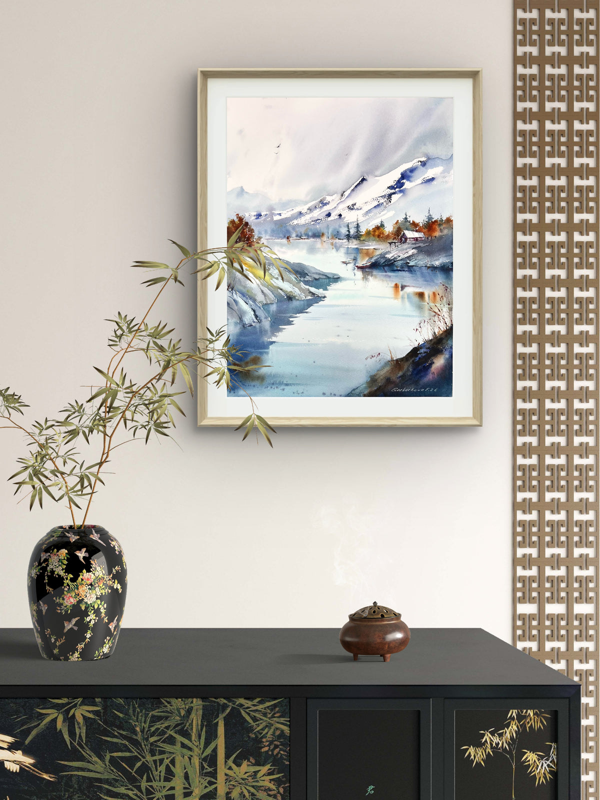 Mountain Lake Watercolor Painting, Snowy Mountain Landscape Art, Echoes of a Mountain Lake 12x16