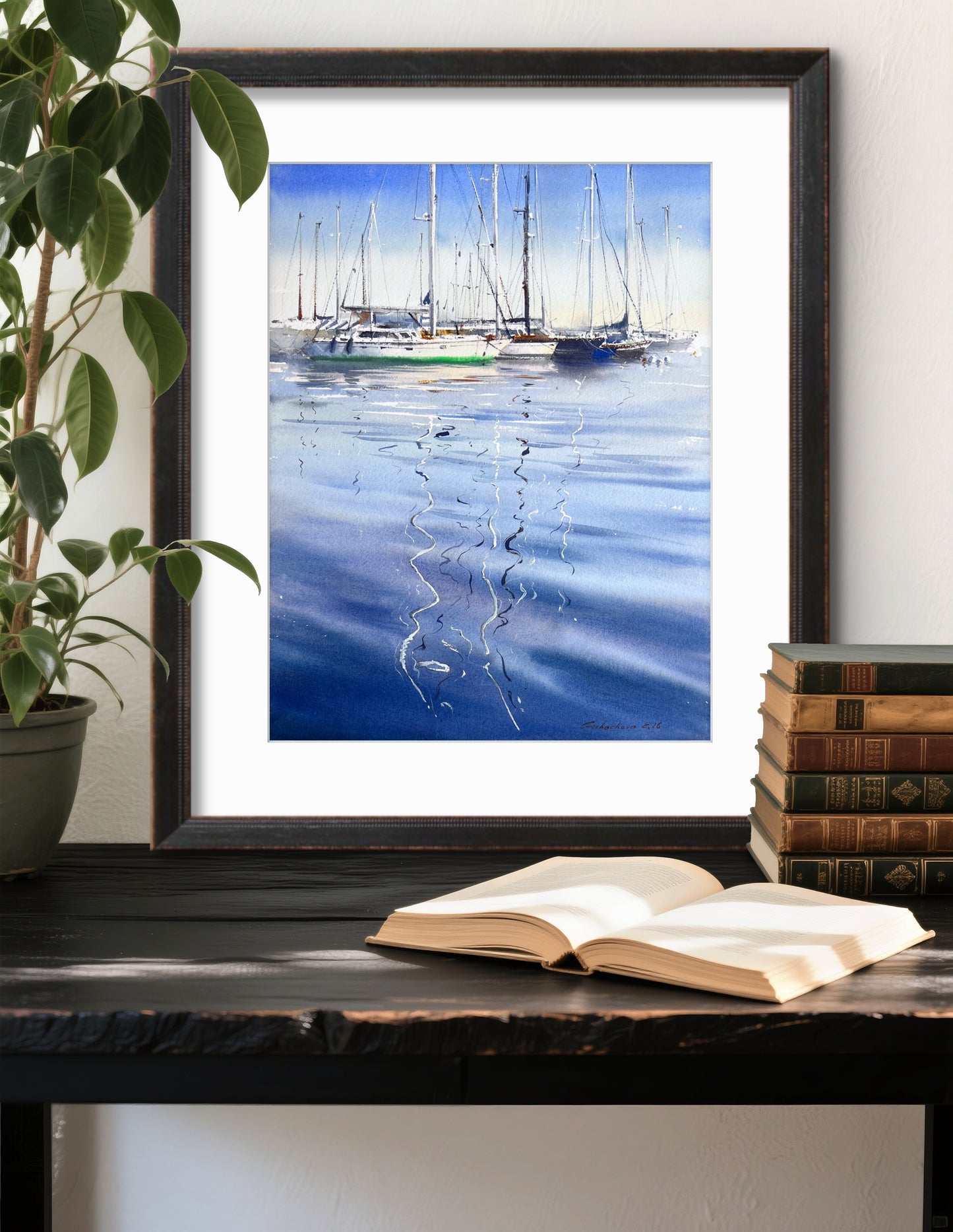 Original Watercolor Marina Painting, Sailboats Harbor Reflection, Blue Harbor Poetry 12x16