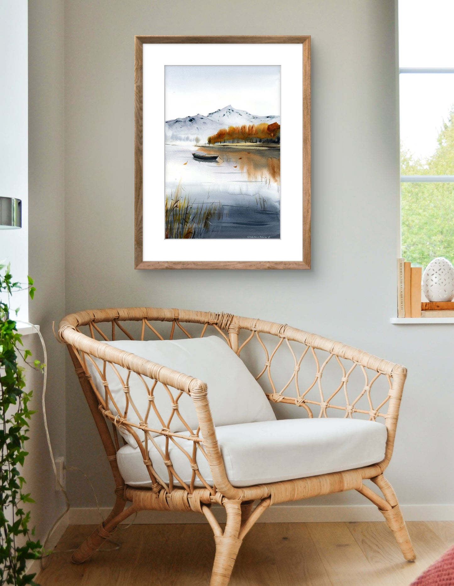 Autumn Rowboat Art - Mountain Lake Watercolor Print, Fall Landscape Painting