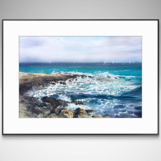 Original Turquoise Seascape Painting, Rocky Coast Watercolor Art, The sea coast #2 15x22