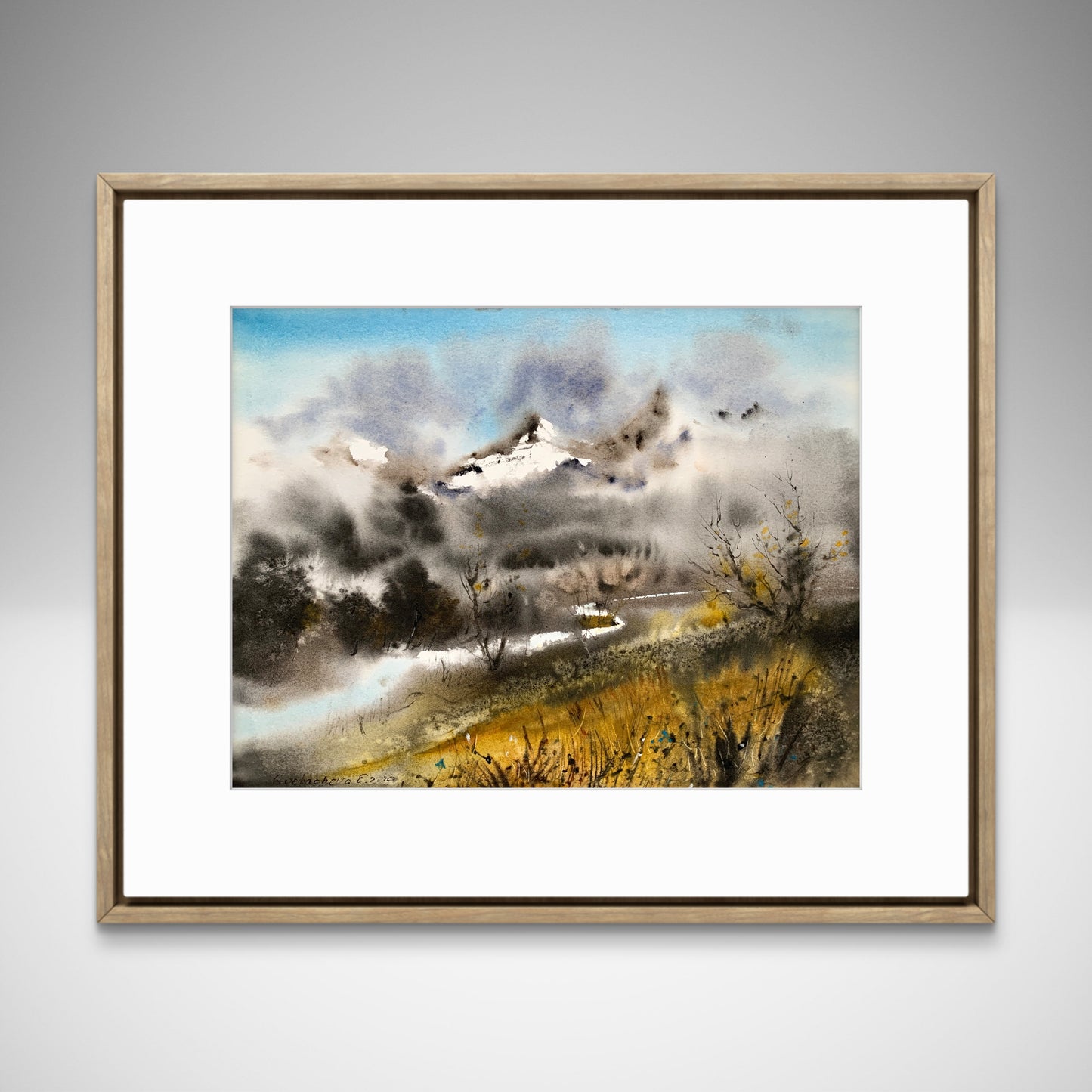 Abstract Mountain Painting Watercolour Original,   Wall Decor, Modern Landscape With River, Mountainscape #4