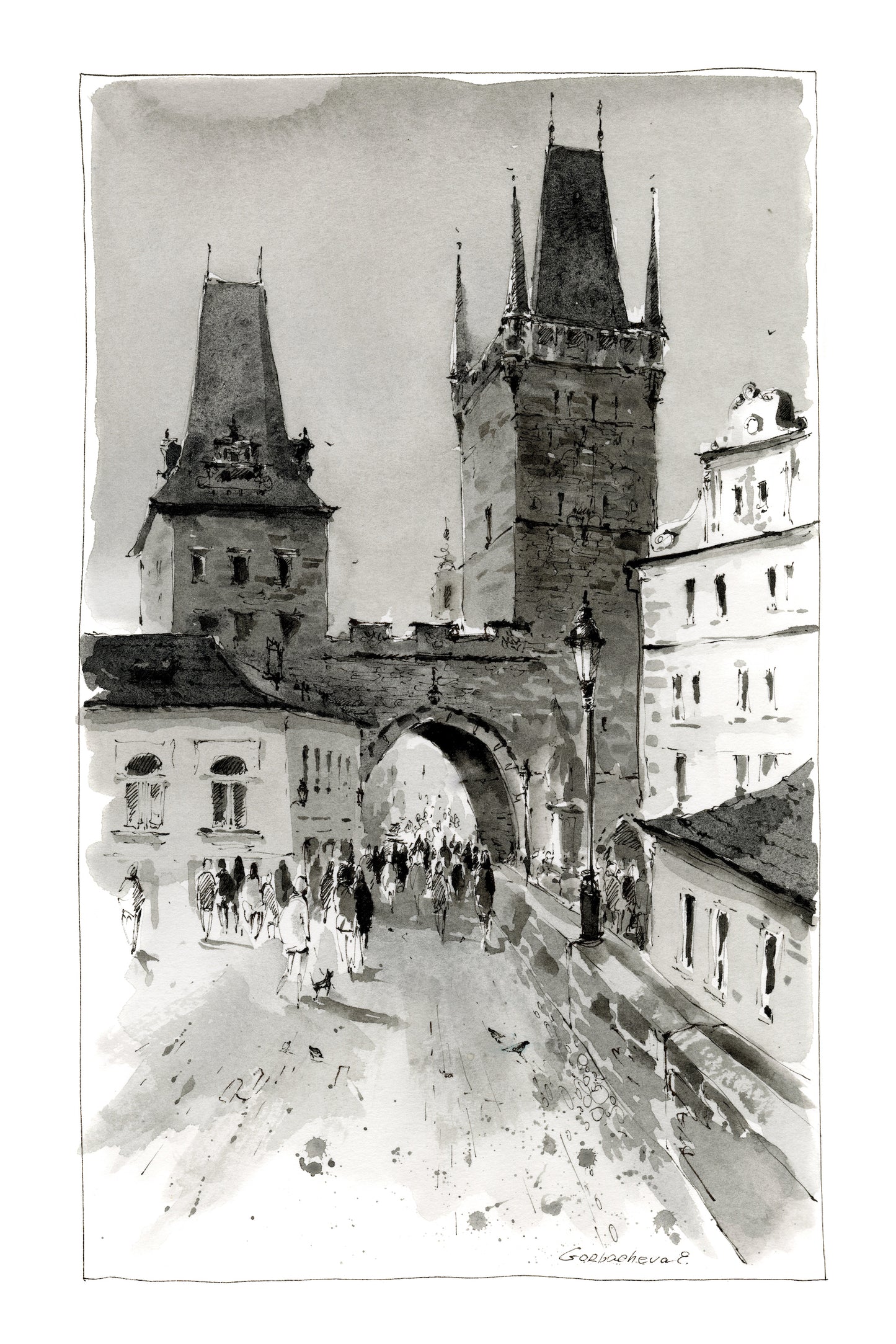 Chic Set of 2 Black & White Watercolor Prints - Piazza San Marco & Prague