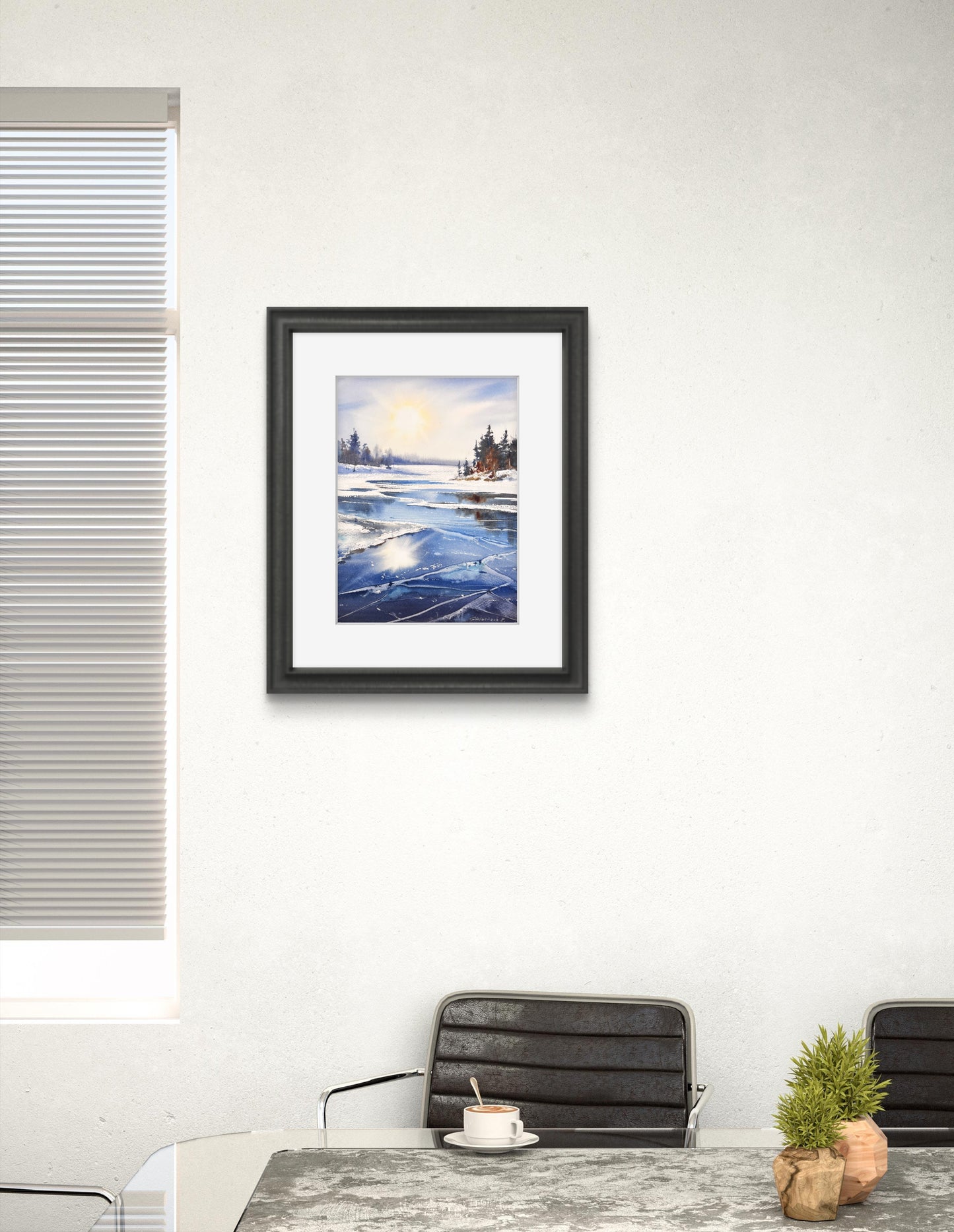 Original Frozen Lake Watercolor Painting, Sunlit Winter Ice Art, Sky on Ice 9x12