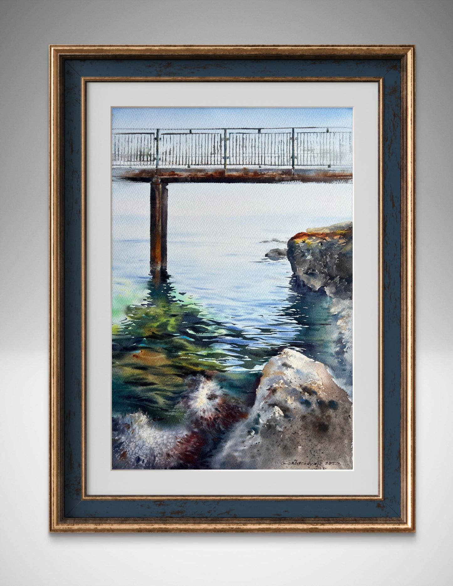 Sea Bridge Painting, Marine Watercolor Original Artwork, Cyprus Seascape,Sea Coast Bridge, 15x22