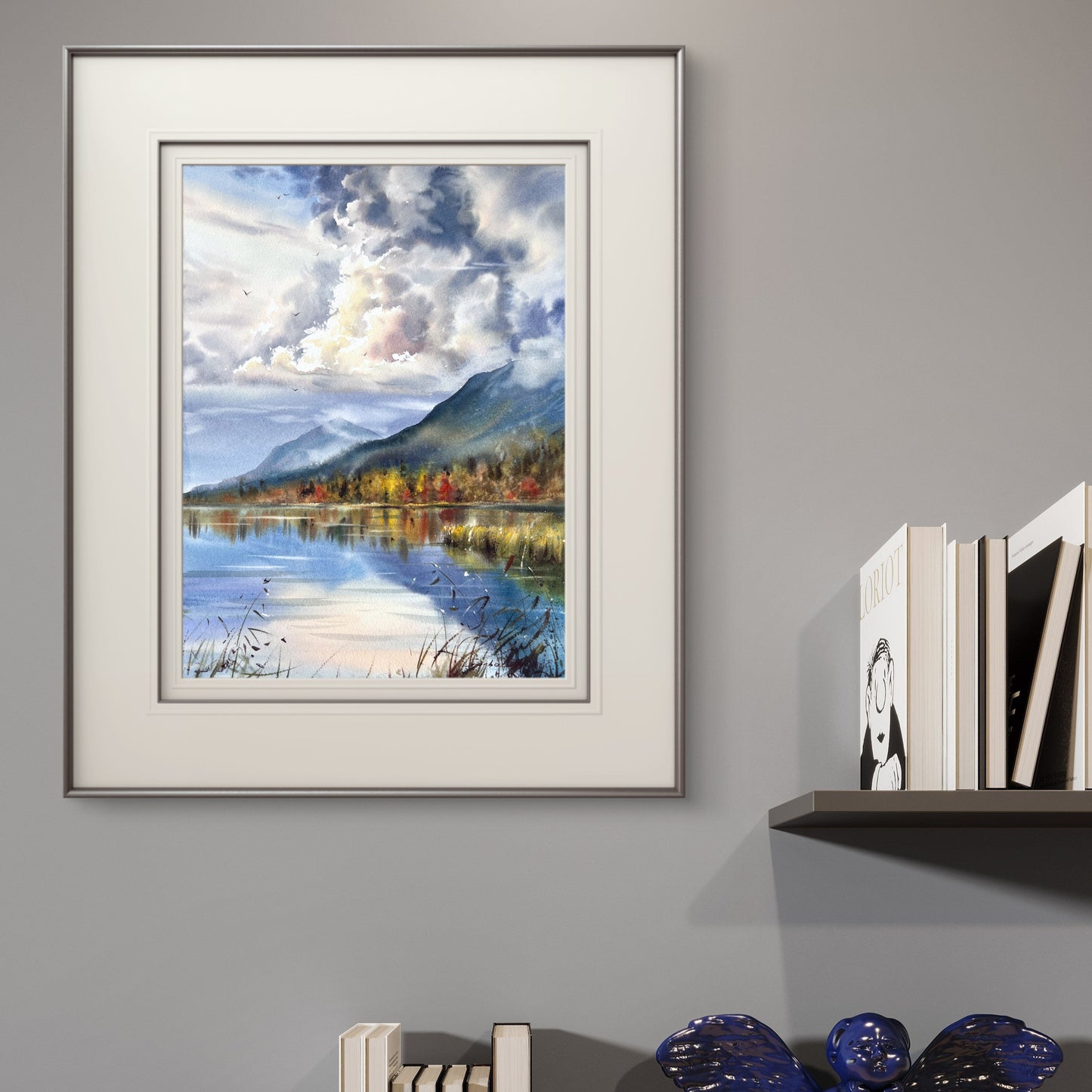 Mountain Lake Watercolor, Autumn Landscape Painting, Autumn Light on the Lake 12x16 in