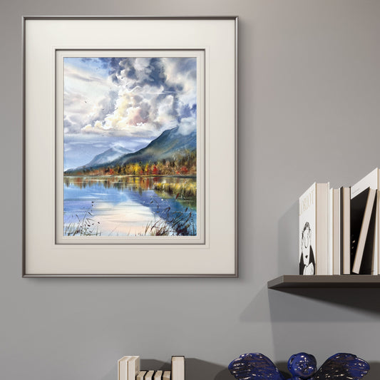 Mountain Lake Watercolor, Autumn Landscape Painting, Autumn Light on the Lake 12x16 in