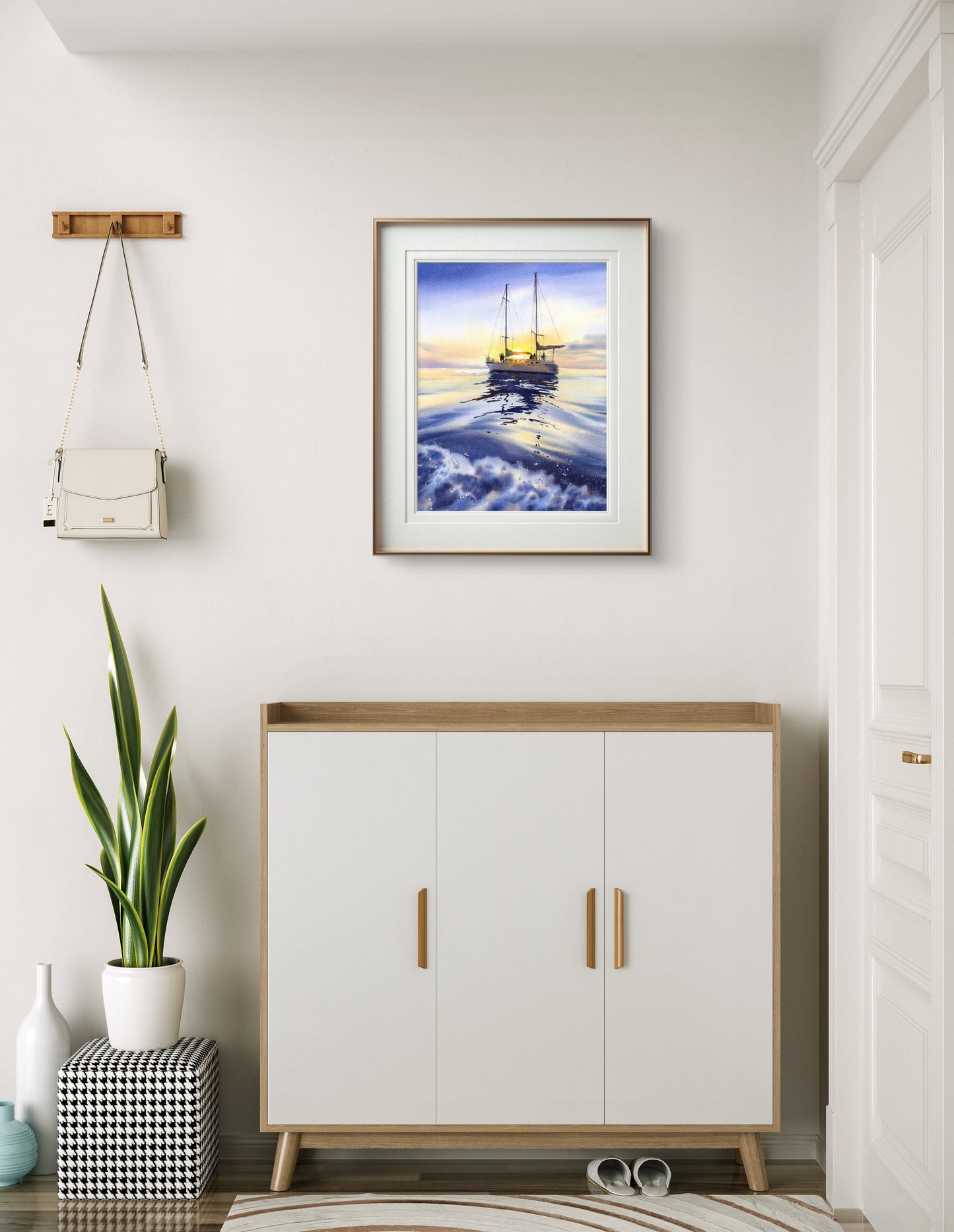 Watercolor Painting Original Seascape "Where the Yacht Meets the Sky #2" 12x16 in Blue Yellow Art Gift (Copy)