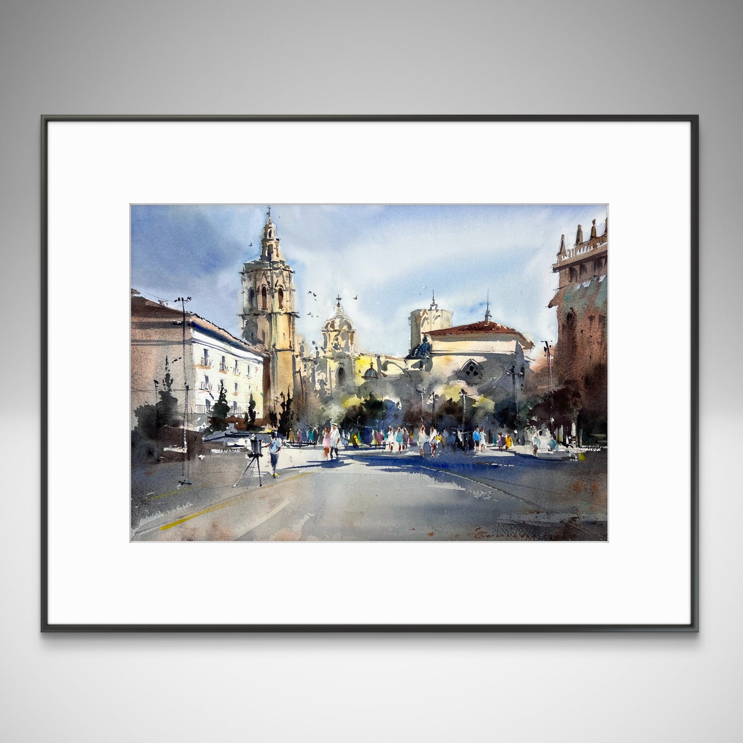 Original Valencia Spain Painting, Plaza de la Reina Watercolor Art, Light on the Reina 12х16