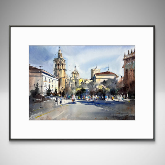 Original Valencia Spain Painting, Plaza de la Reina Watercolor Art, Light on the Reina 12х16