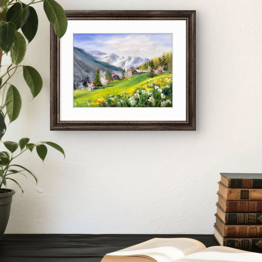 Watercolor Mountain Landscape Painting, Alpine Meadow with Flowers, Song of Green Valleys 9x12 in
