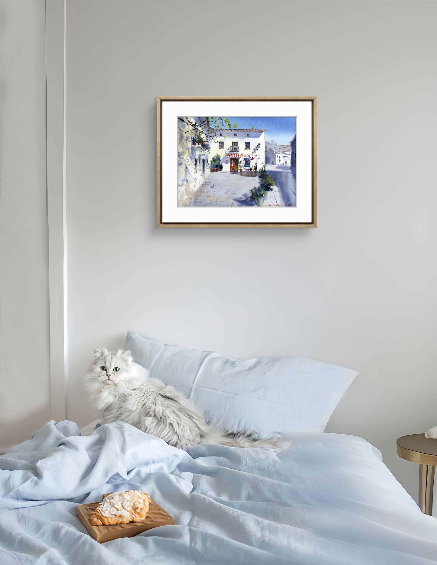 Spanish White Town Watercolor Art | Mediterranean Street Scene Painting | Sunny Spain Travel  | Spanish Afternoon 12x16 in