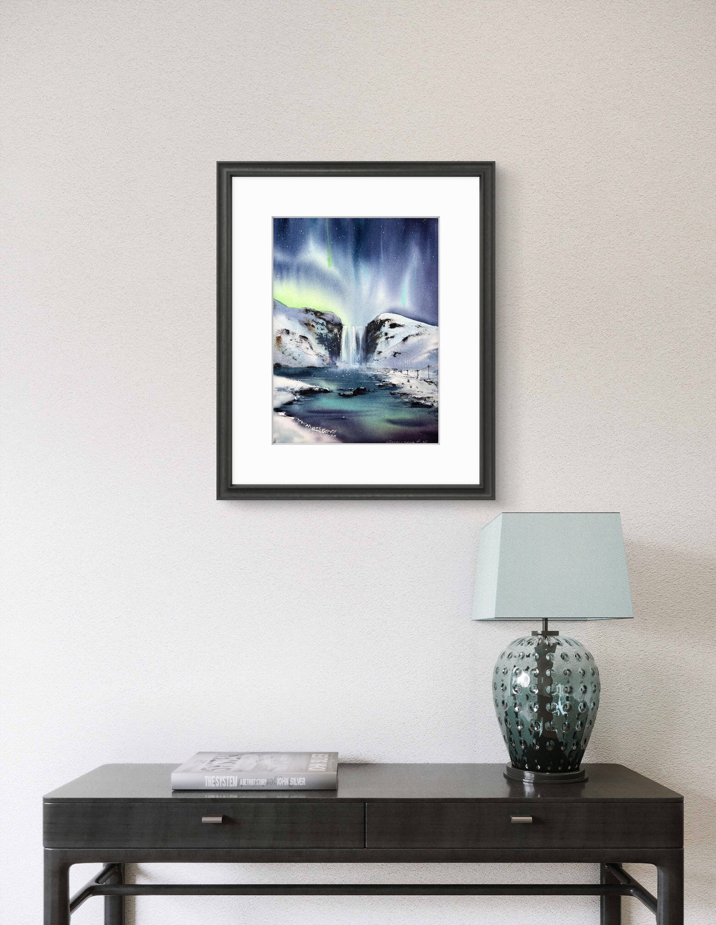 Northern Lights Waterfall Painting, Original Winter Landscape Watercolor Painting, Polar Night Jewel 9x12