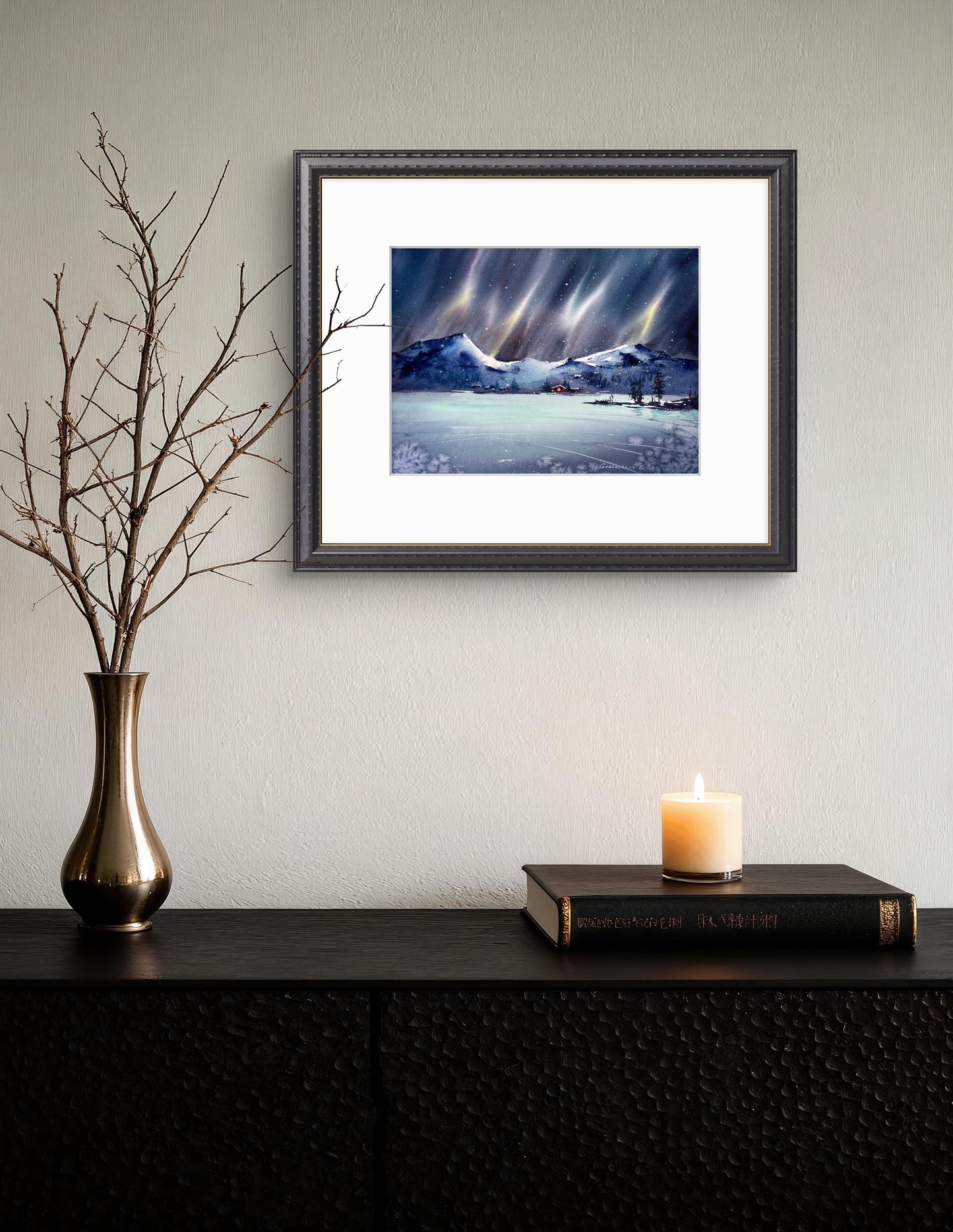 Northern lights #49 - Snowy Village Nordic Art: Cozy Red House Watercolor Painting, 9x12 in