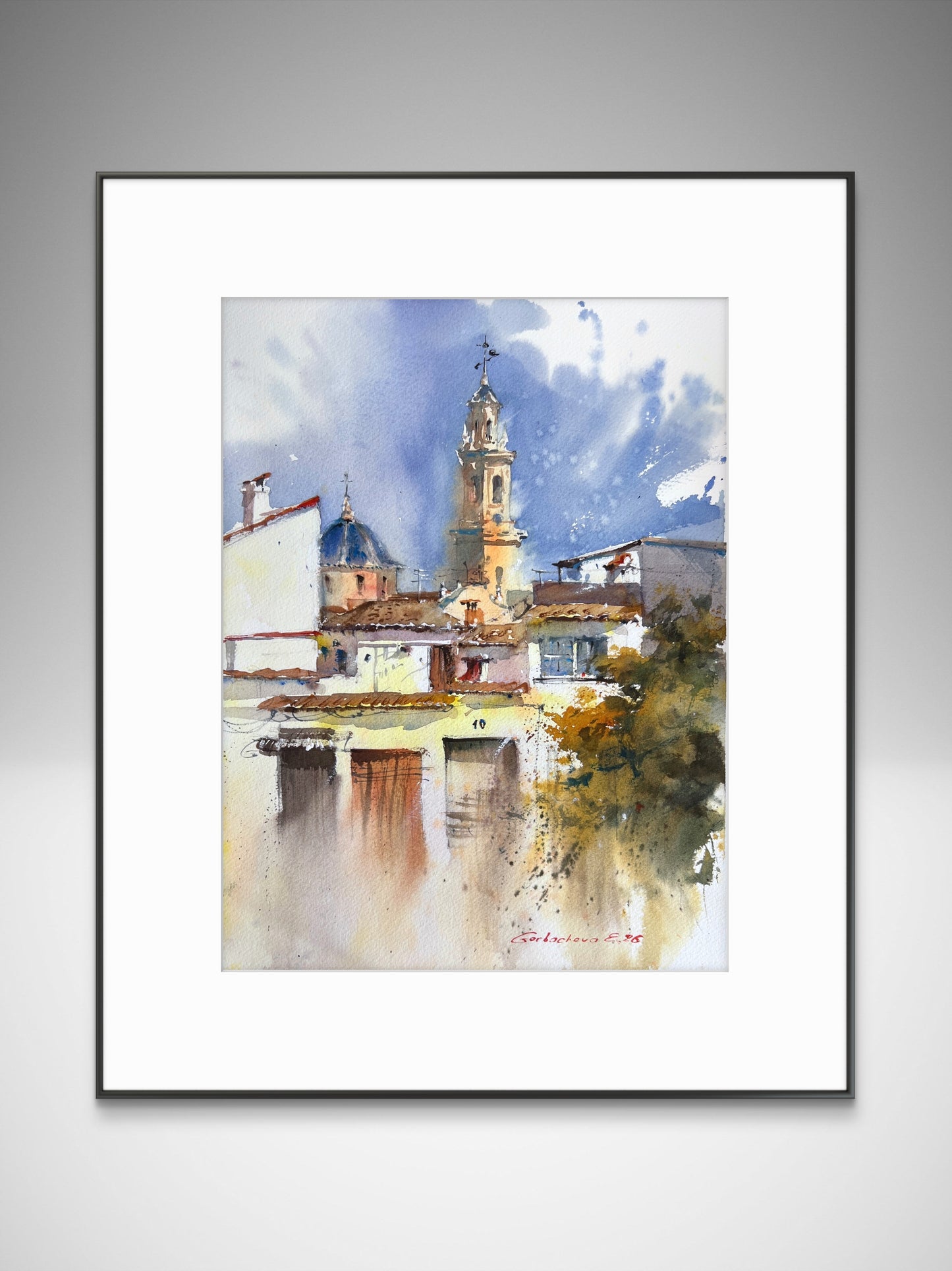 Spanish Village Watercolor Painting, Spain Architecture Art, Beneath Spanish Skies 12x16 in