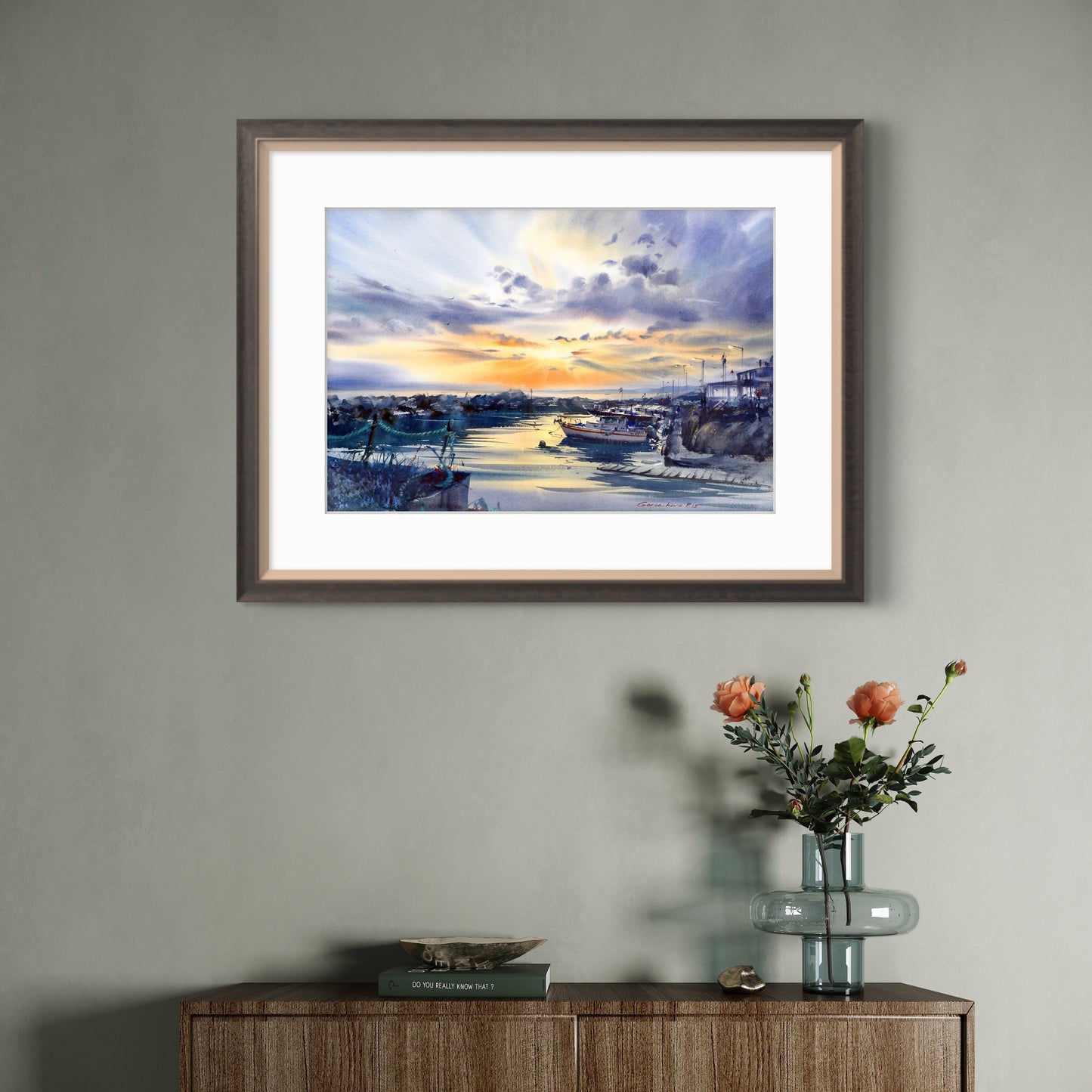 Cyprus Harbor Sunset Watercolor Painting, Harbor of Silent Dreams 15x22 in
