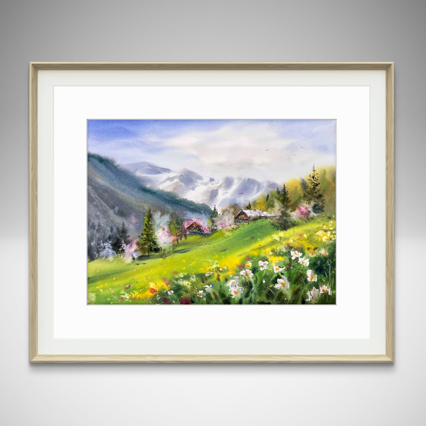 Watercolor Mountain Landscape Painting, Alpine Meadow with Flowers, Song of Green Valleys 9x12 in