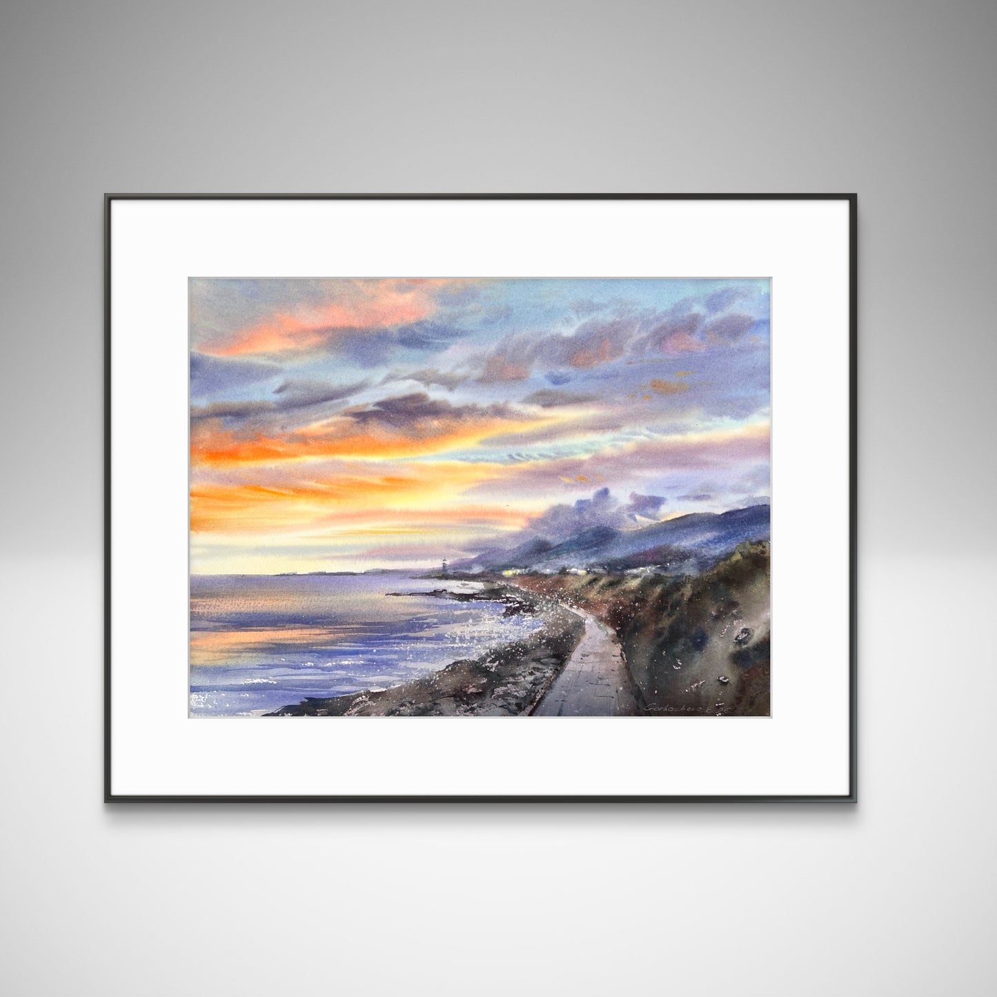 Cyprus Coastal Sunset Watercolor Painting, Seascape Wall Art, Cyprus Lavender Sky 12x16