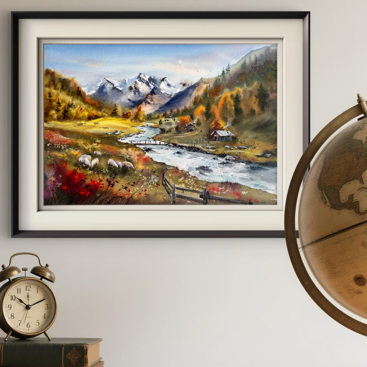 Mountain Landscape Watercolor, Alpine Village Painting, Autumn Valley Song 12x16
