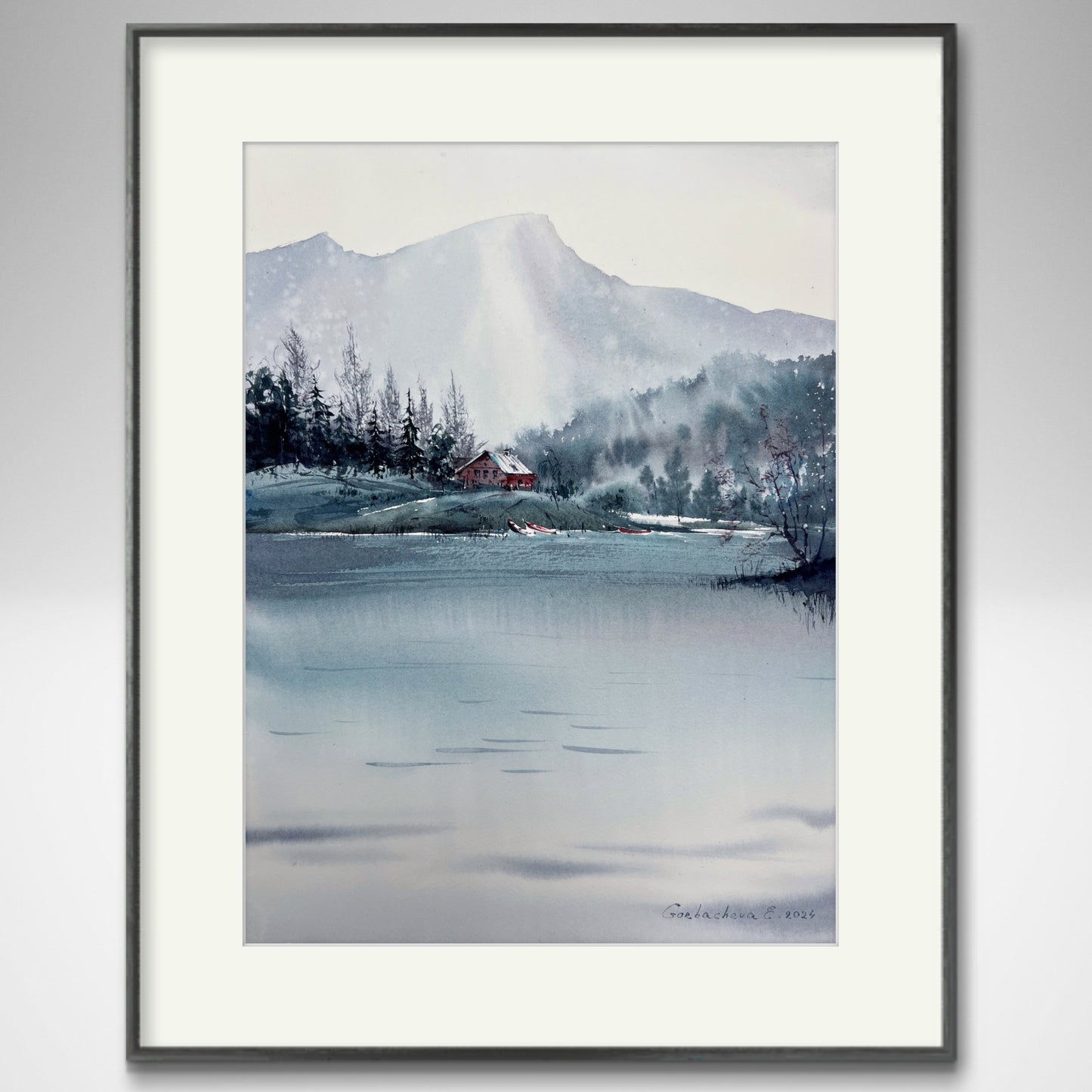 Charming 'House by the Lake' Watercolor Painting with Pop of Red