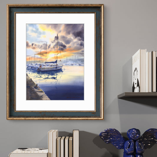 Sunset Sailing Watercolor, Yacht Harbor Painting, Harbor in Amber 12x16