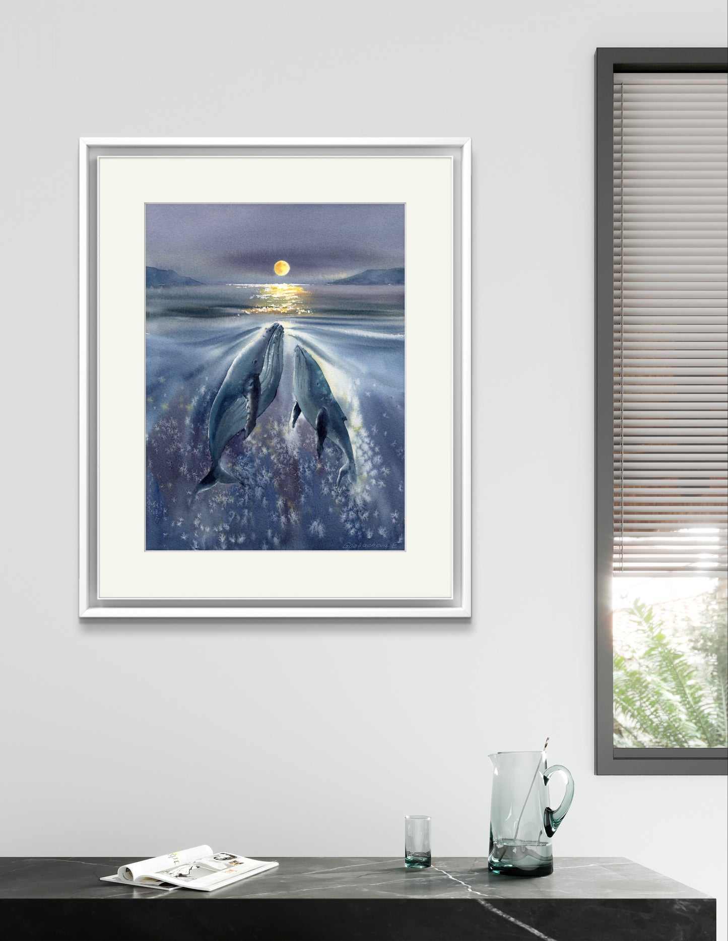 Whale Family Moonlight Watercolor Print - Whale Ocean Art