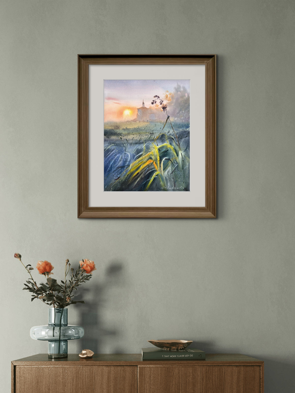 Moody Countryside Watercolor Painting, Sunset Landscape Art, The Evening Meadow 12x16