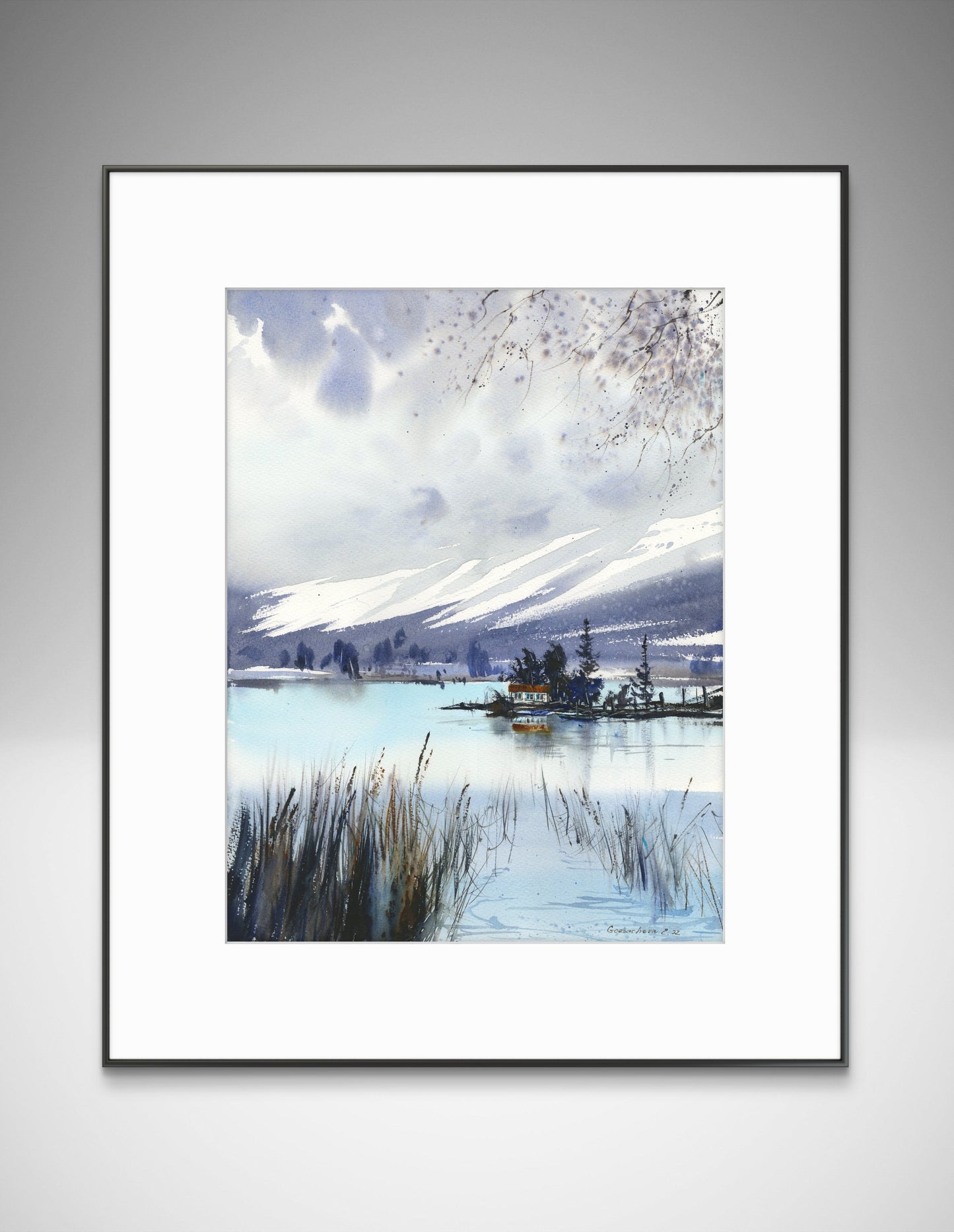 Painting of Mountain Lake House, Original Watercolor Landscape in Autumn, Blue Abstract Art,Mountain Lake #18