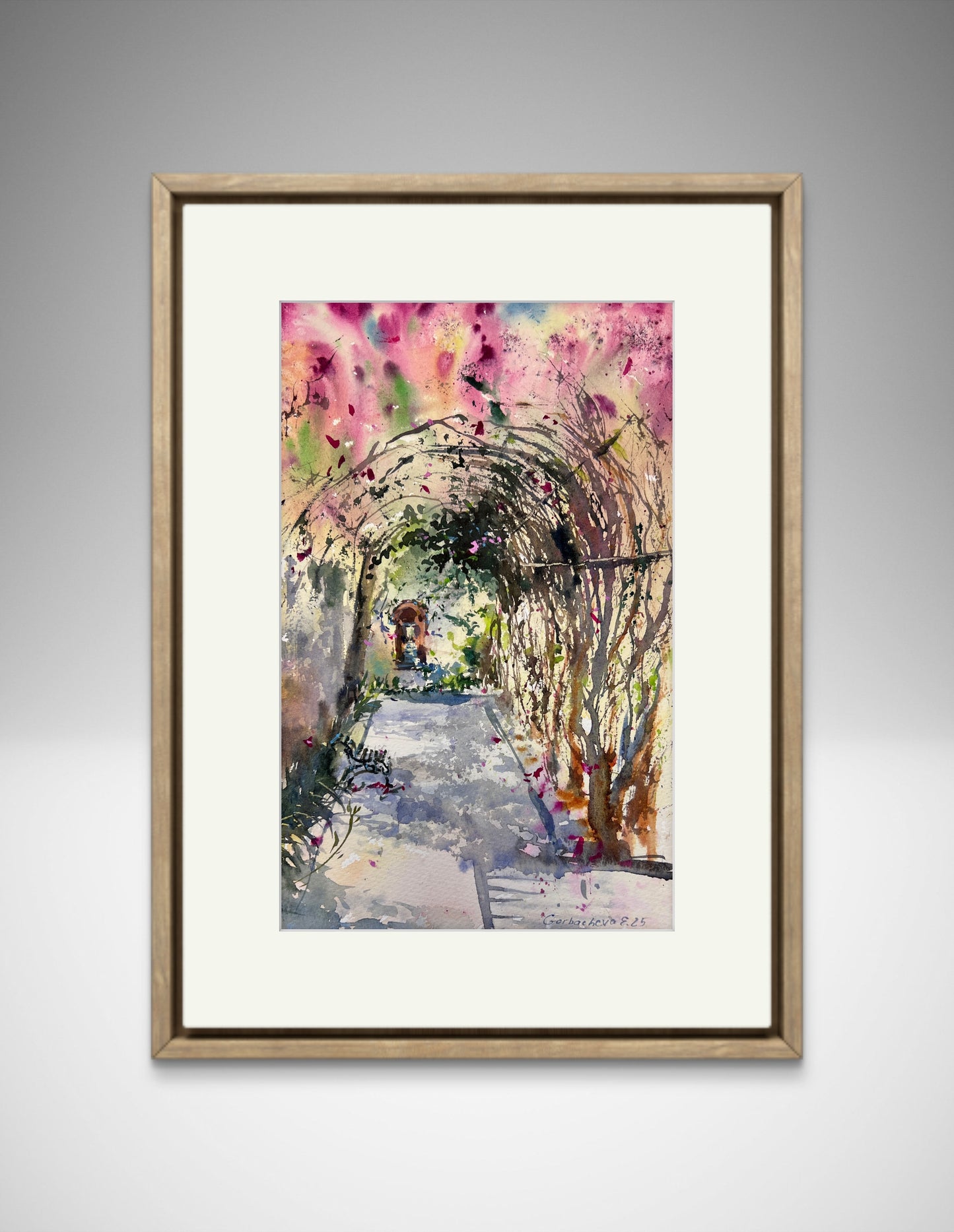 Original Watercolor Garden Arch Painting, Bougainvillea Tunnel #2, 7 x12 in