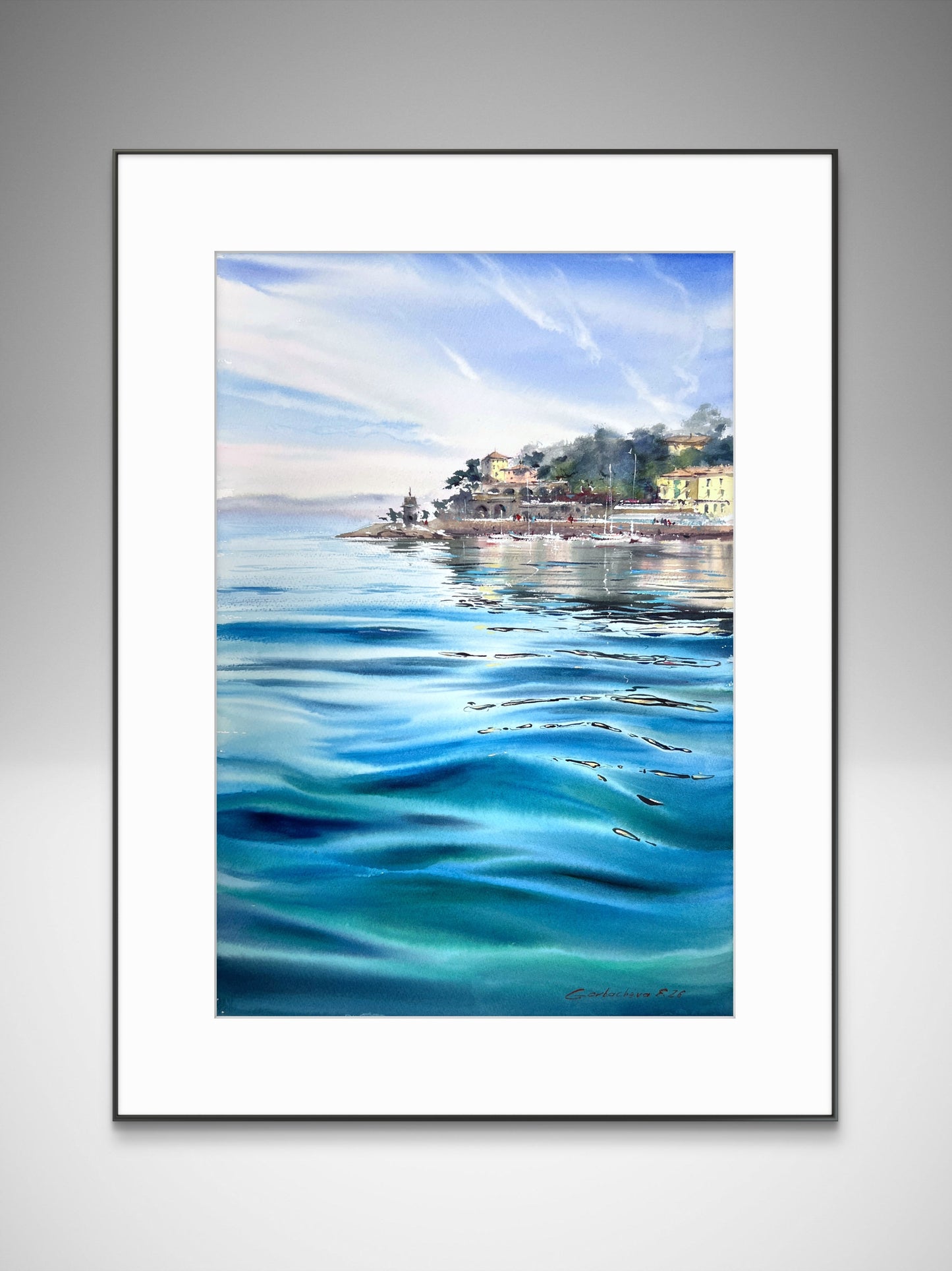 Recco Liguria Watercolor, Italian Riviera Seascape, Blue Waters of Recco 15x22