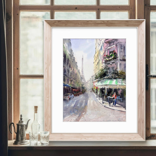 Paris Street Watercolor Painting, Eiffel Tower Art, Paris in Soft Light 12x16