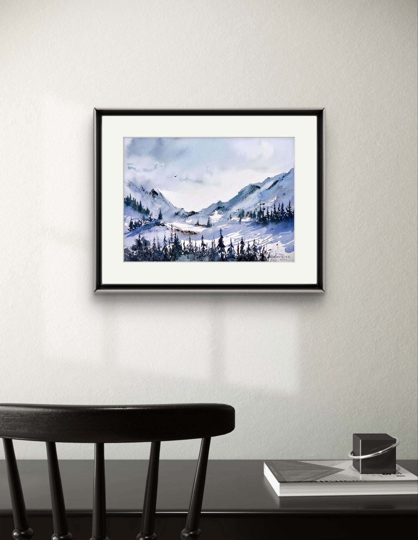 Mountainscape #28 - Abstract Watercolor Snowy Peaks and Forest