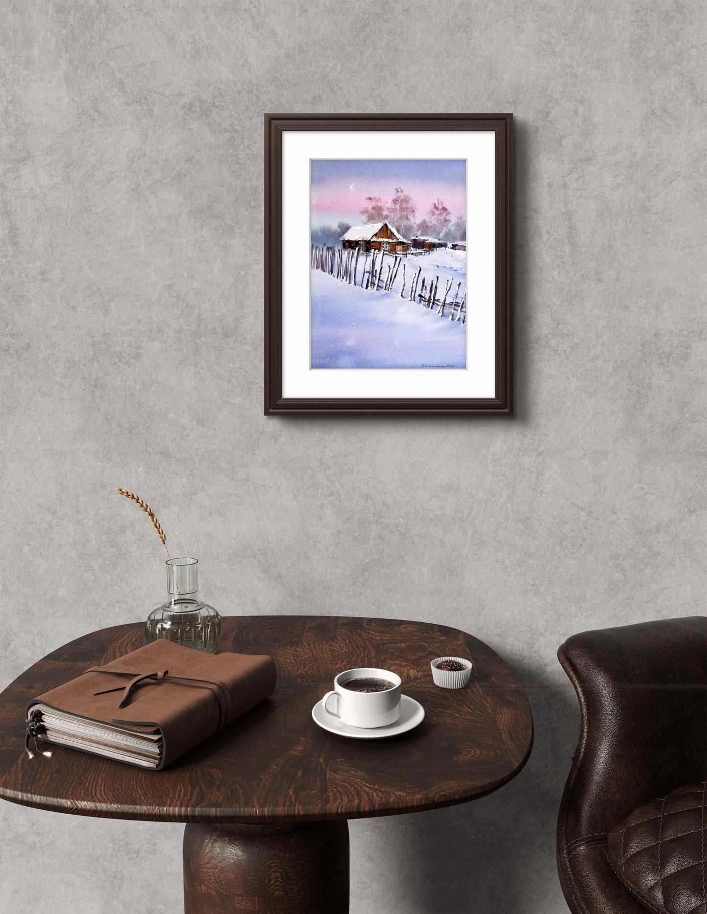 Snowy Morning Painting Original - Farmhouse Wall Art, Winter morning Village #3 9x12 in